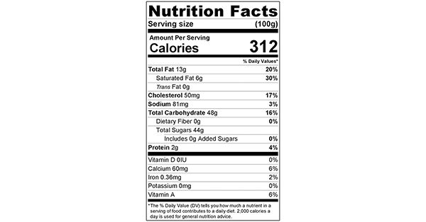 Cream Cheese and Vanilla Cupcakes 100 grams Nutritional Label