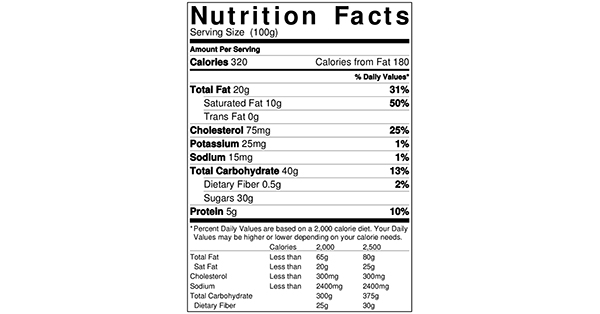 Sugar Cinnamon Cookies 100 grams Nutrition Label