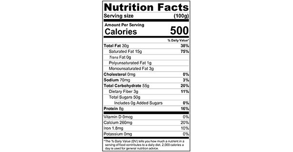 100 grams Nutritional Label Fruit and Nut Milk Chocolate Bark