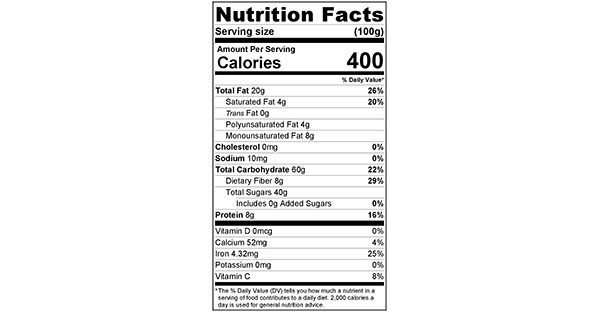 Orange and Cocoa Cashew Bars 100 grams Nutrition Label