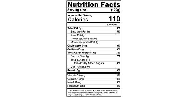 Vanilla Cashew Dates 100 grams Nutrition Label