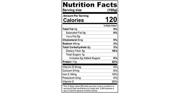 Shelled Steamed Edamame 100 grams Nutrition Label