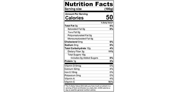 100 grams Nutritional Label Oranges Snack